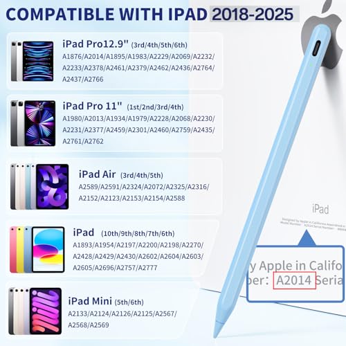 HFENGZN iPad Pencil for 9th & 10th Generation, Fast Charge Stylus Pen for Palm Rejection and Tilt Sensitivity, Compatible with iPad Pro 11/12.9in, Mini 5/6, iPad 6/7/8/9/10, Air 3/4/5 (Blue) - Image 2