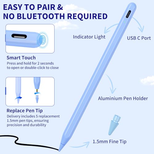 HFENGZN iPad Pencil for 9th & 10th Generation, Fast Charge Stylus Pen for Palm Rejection and Tilt Sensitivity, Compatible with iPad Pro 11/12.9in, Mini 5/6, iPad 6/7/8/9/10, Air 3/4/5 (Blue) - Image 5