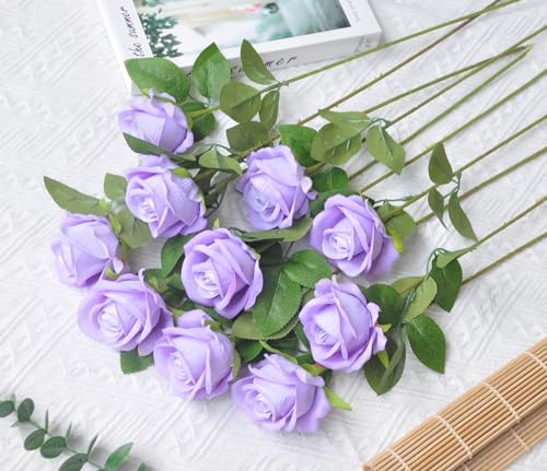 Kenpal Realistic Fake Roses Artificial Flowers with Stem for Decoration Floral Arrangement Centerpieces Wedding Bouquets 10 Lavender - Image 3