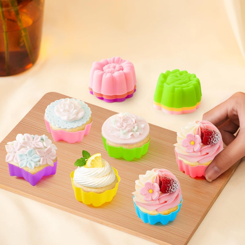R HORSE 42 Pack Silicone Molds Cupcake 2 Inch Mini Size Multi Flower-Shaped Baking Cups Non-Stick Donut Wrapper Mold Muffin Liners Washable for Desserts Ice Creams Puddings Donut Supply Party - Image 4