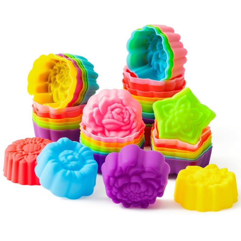 R HORSE 42 Pack Silicone Molds Cupcake 2 Inch Mini Size Multi Flower-Shaped Baking Cups Non-Stick Donut Wrapper Mold Muffin Liners Washable for Desserts Ice Creams Puddings Donut Supply Party - Image 1