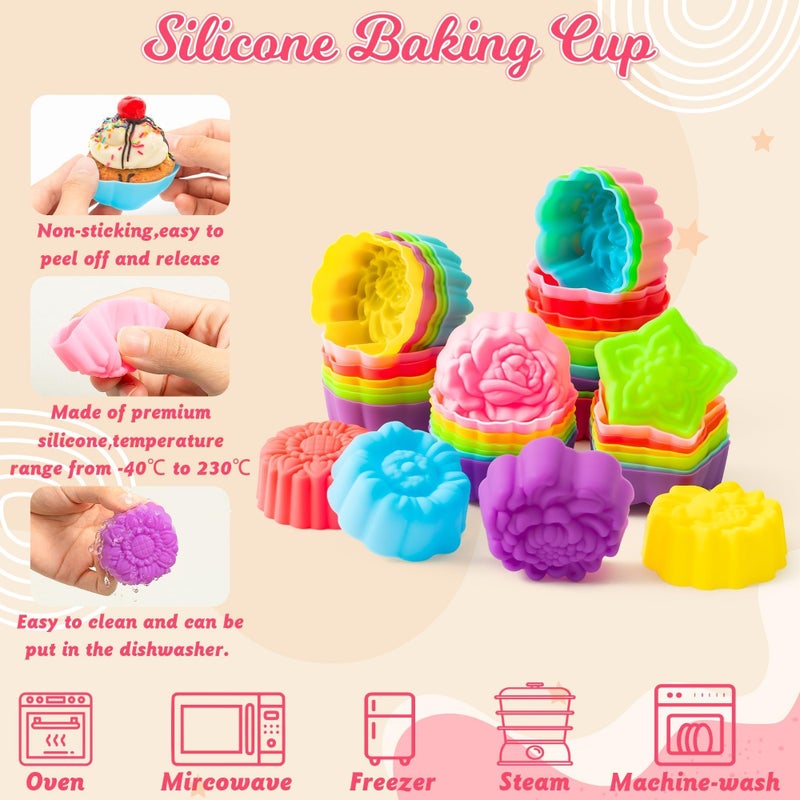 R HORSE 42 Pack Silicone Molds Cupcake 2 Inch Mini Size Multi Flower-Shaped Baking Cups Non-Stick Donut Wrapper Mold Muffin Liners Washable for Desserts Ice Creams Puddings Donut Supply Party - Image 3