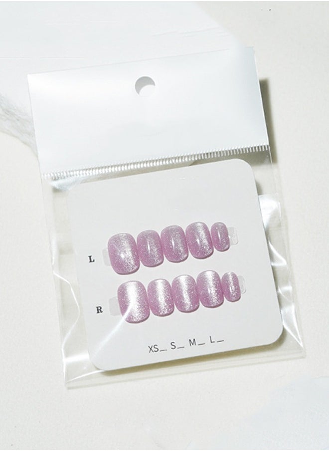 ElegaNail - 10-Pcs Lavender Purple Crystal Cat-Eye Press-on Nails - Short Square Round Glossy  Nails with XS/S/M Sizes with Tools - Image 1