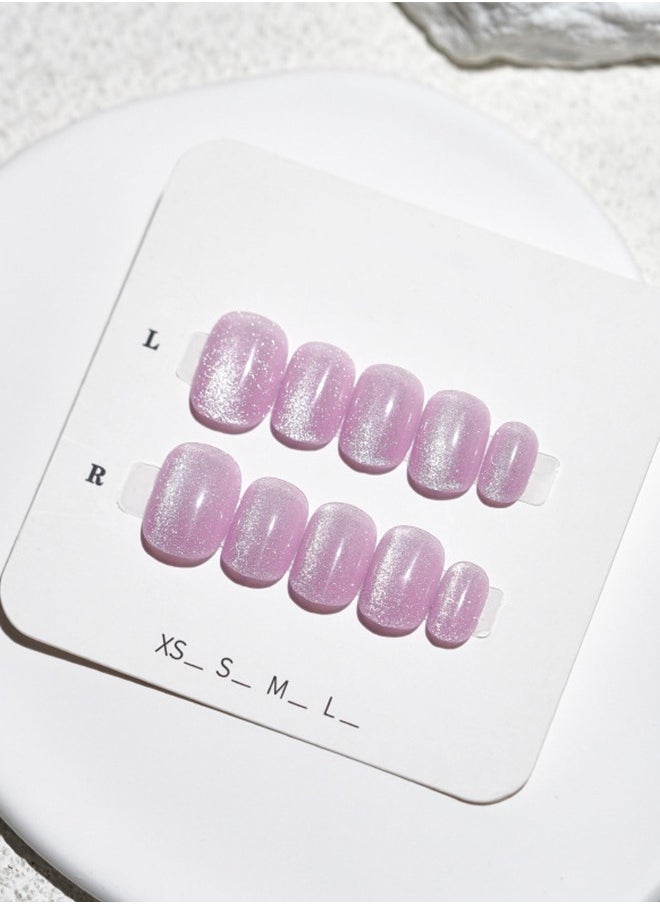 ElegaNail - 10-Pcs Lavender Purple Crystal Cat-Eye Press-on Nails - Short Square Round Glossy  Nails with XS/S/M Sizes with Tools - Image 1