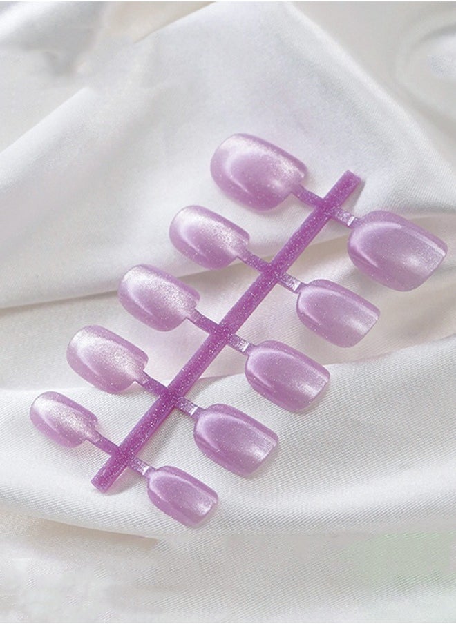 ElegaNail 10-Pcs Lavender Purple Crystal Cat-Eye Press-on Nails - Short Square Round Glossy  Nails with XS/S/M Sizes with Tools  - Image 3