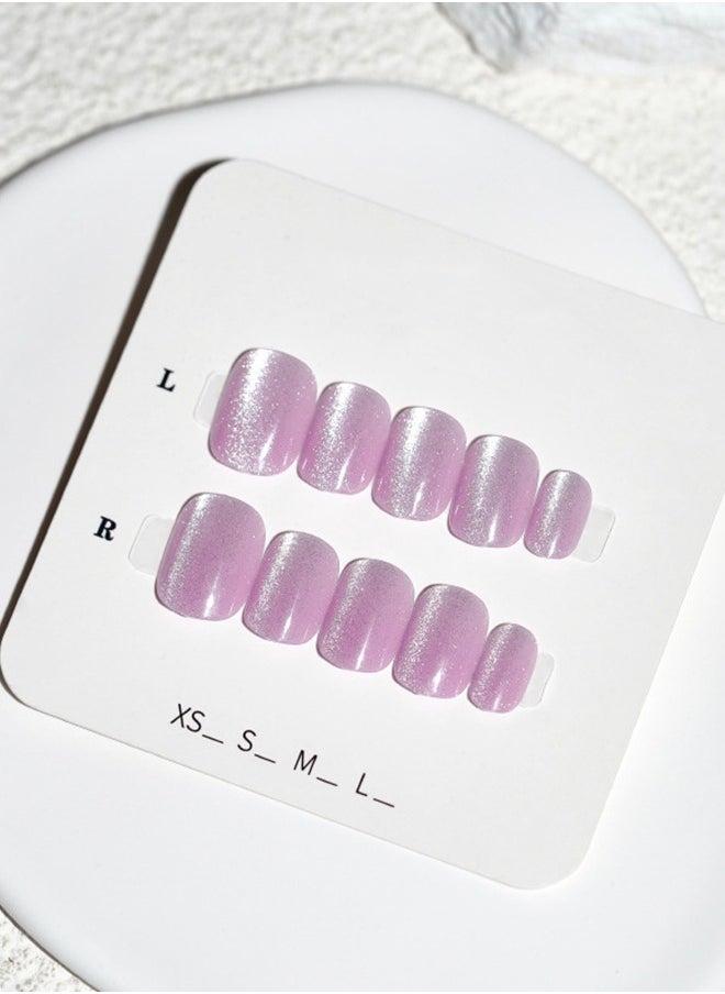 ElegaNail 10-Pcs Lavender Purple Crystal Cat-Eye Press-on Nails - Short Square Round Glossy  Nails with XS/S/M Sizes with Tools  - Image 5