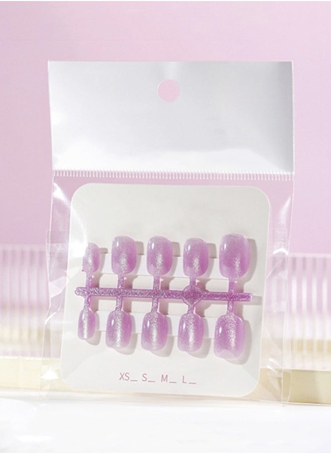 ElegaNail 10-Pcs Lavender Purple Crystal Cat-Eye Press-on Nails - Short Square Round Glossy  Nails with XS/S/M Sizes with Tools  - Image 4