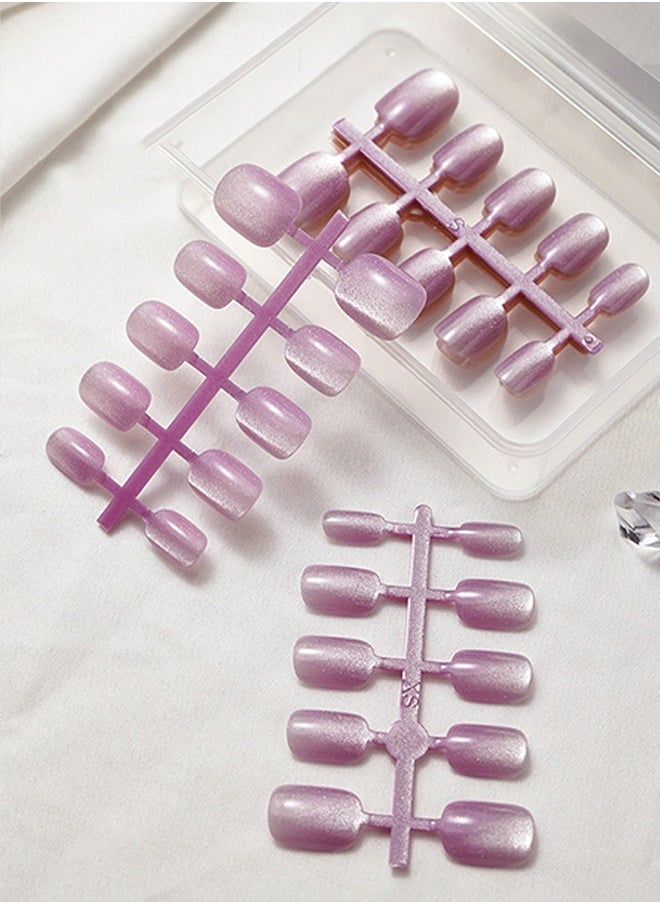 ElegaNail - 10-Pcs Lavender Purple Crystal Cat-Eye Press-on Nails - Short Square Round Glossy  Nails with XS/S/M Sizes with Tools - Image 1