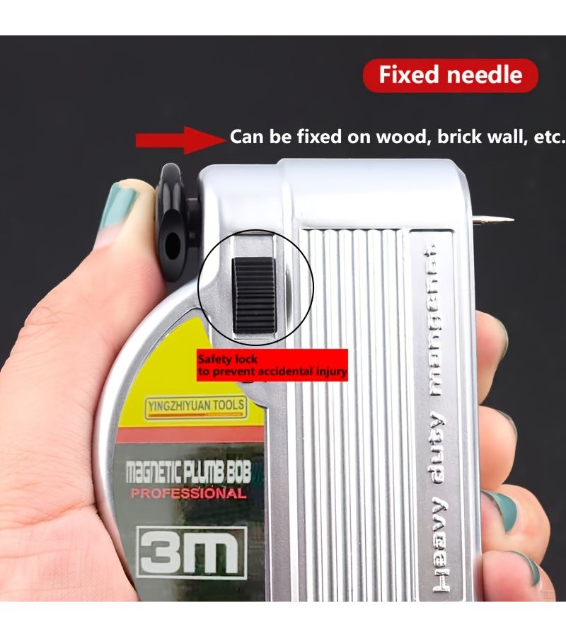1PC 3M Magnetic Line Hammer Heavy Duty Hanging Wire 6 Meter Strong Magnetic Fixation Automatic Wire Reel For Woodworking Concrete House Construction Site Measuring Tool Metallic Finish - Image 2