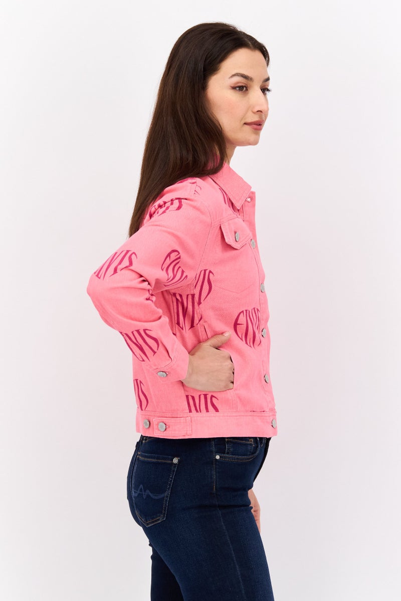 ELVIS جاكيت نسائي بأكمام طويلة مطبوعة بشعار العلامة التجارية، وردي - Image 2