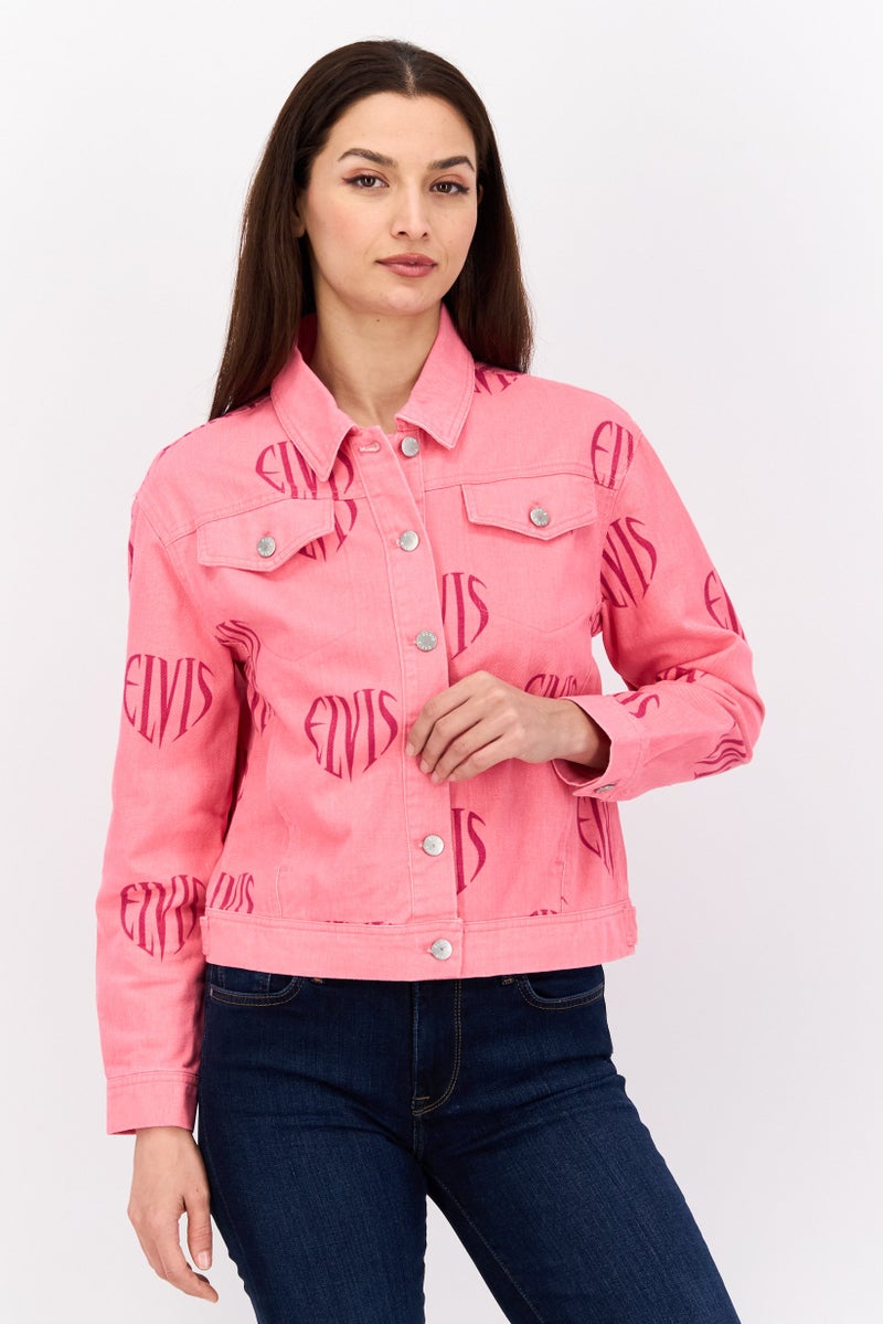 ELVIS جاكيت نسائي بأكمام طويلة مطبوعة بشعار العلامة التجارية، وردي - Image 1