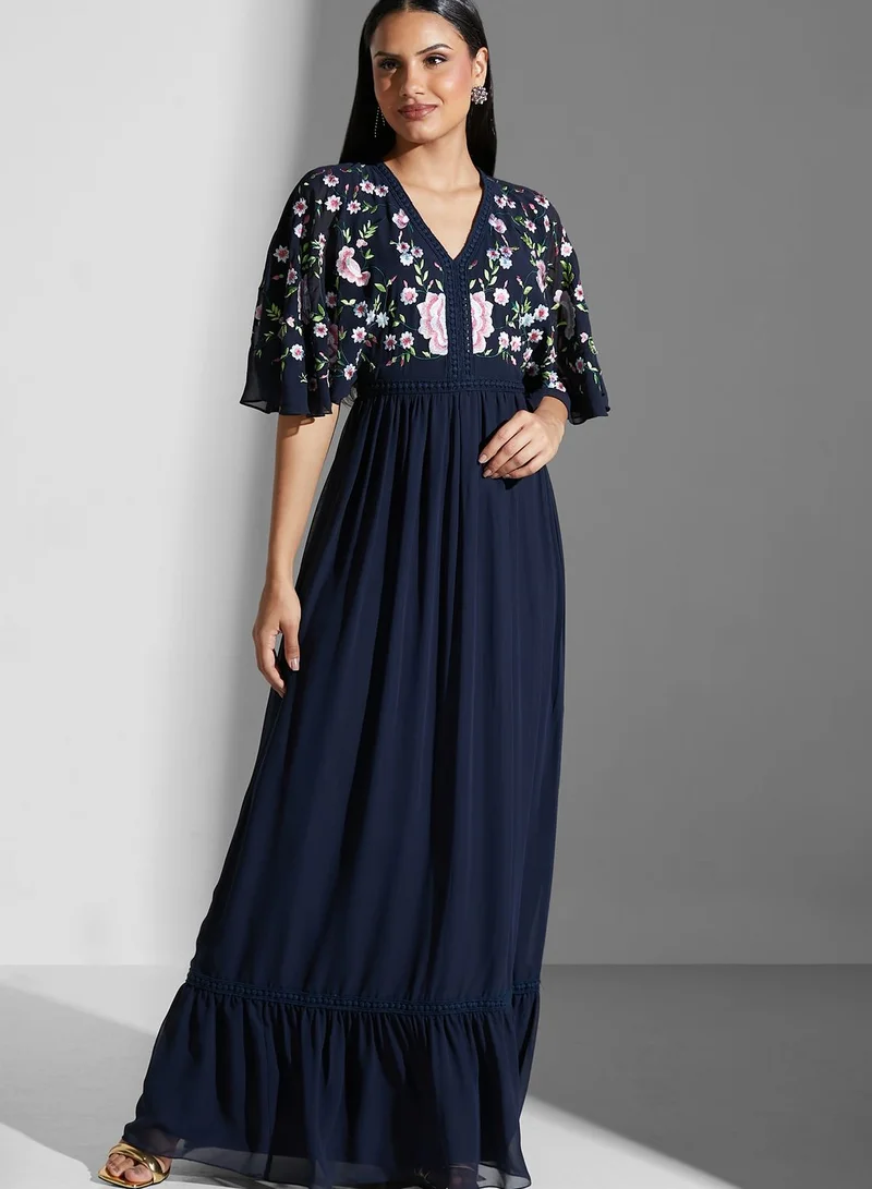 Frock and Frill Batwing Sleeve Plunge Neck Broidered Dress