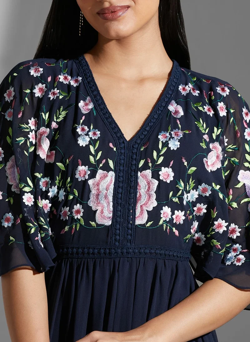 Frock and Frill Batwing Sleeve Plunge Neck Broidered Dress