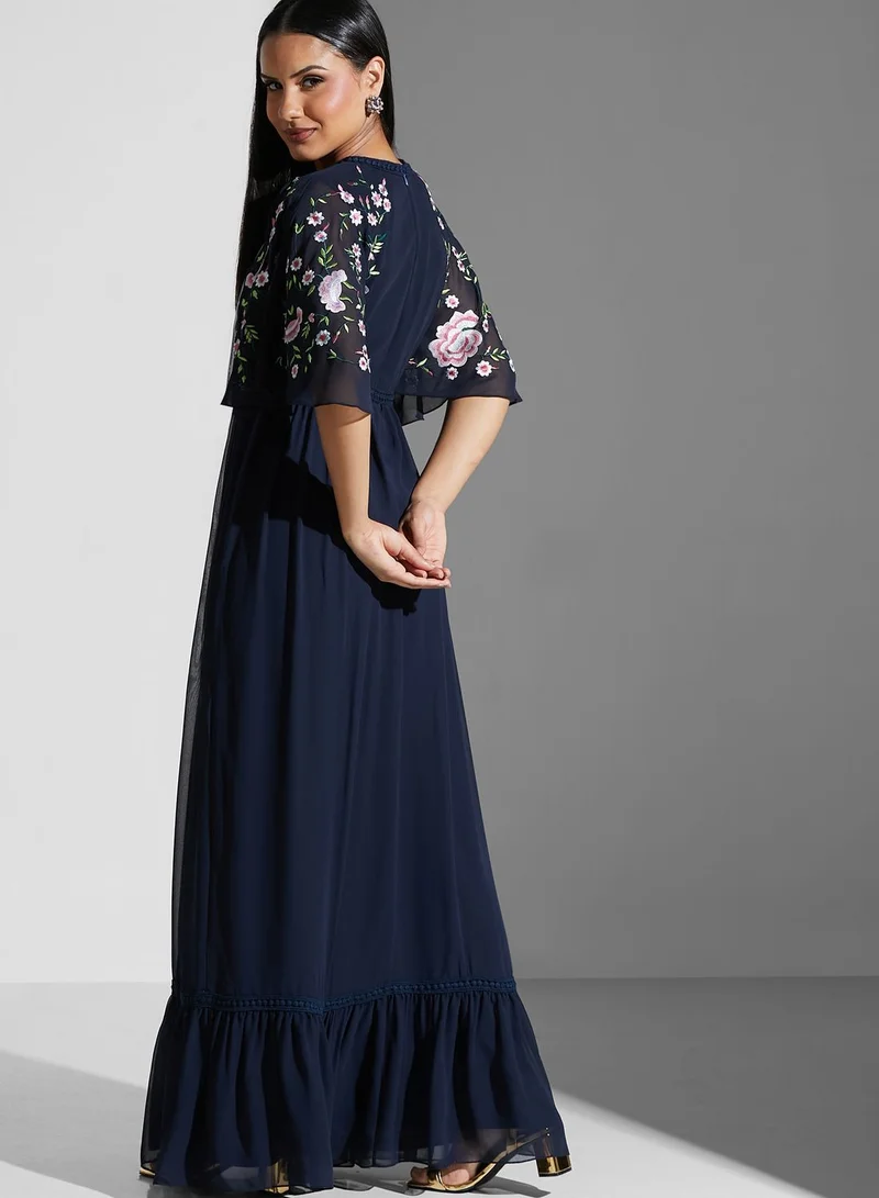 Frock and Frill Batwing Sleeve Plunge Neck Broidered Dress
