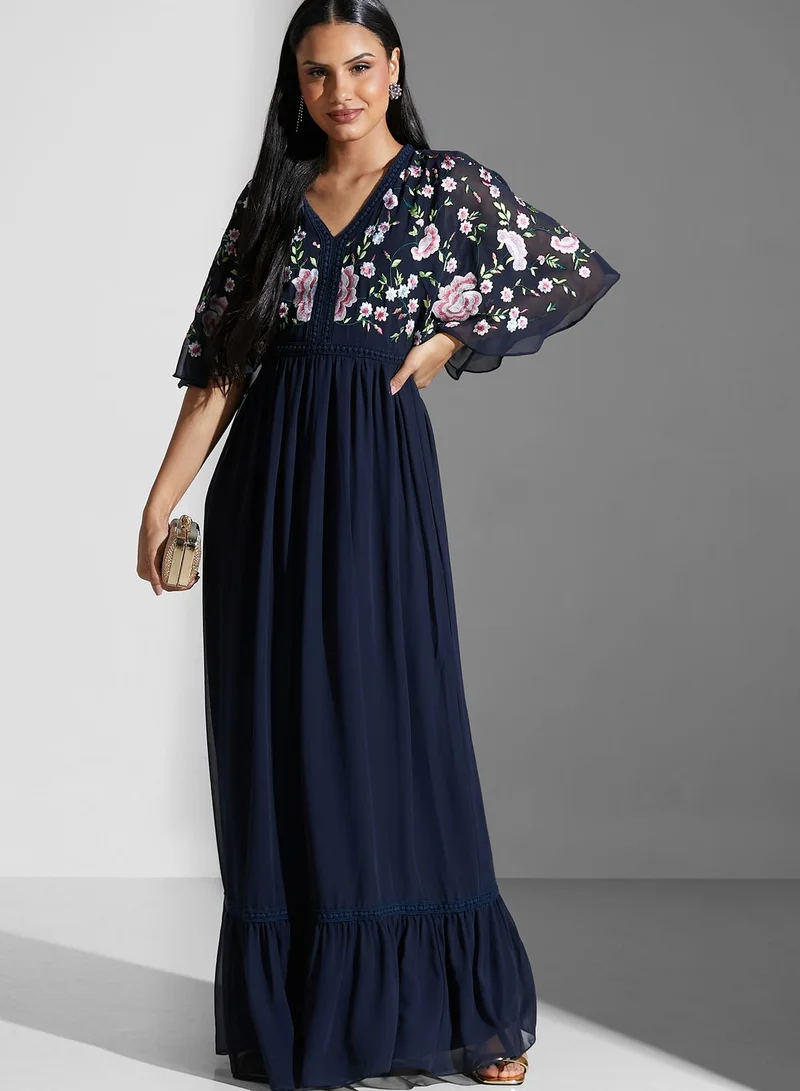 Frock and Frill Batwing Sleeve Plunge Neck Broidered Dress