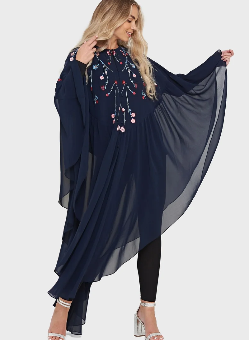 Frock and Frill Batwing Sleeve Plunge Neck Broidered Dress