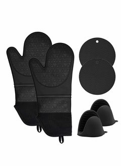 KASTWAVE Silicone Oven Mitts and Pot Holders Set, Heat Resistant Silicone Oven Mittens with Mini Oven Gloves and Hot Pads, Pot Holders for Kitchen Baking Cooking, Quilted Liner, Black,Pack of 6  - Image 1