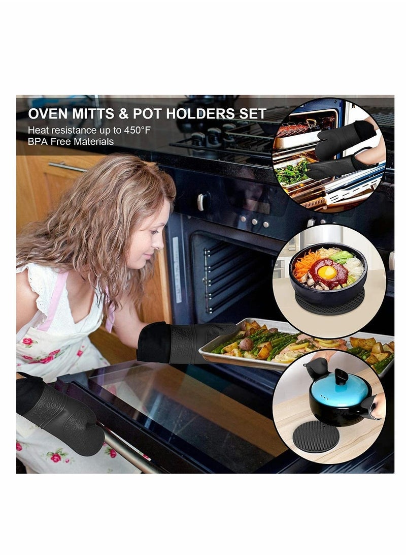 KASTWAVE Silicone Oven Mitts and Pot Holders Set, Heat Resistant Silicone Oven Mittens with Mini Oven Gloves and Hot Pads, Pot Holders for Kitchen Baking Cooking, Quilted Liner, Black,Pack of 6  - Image 3