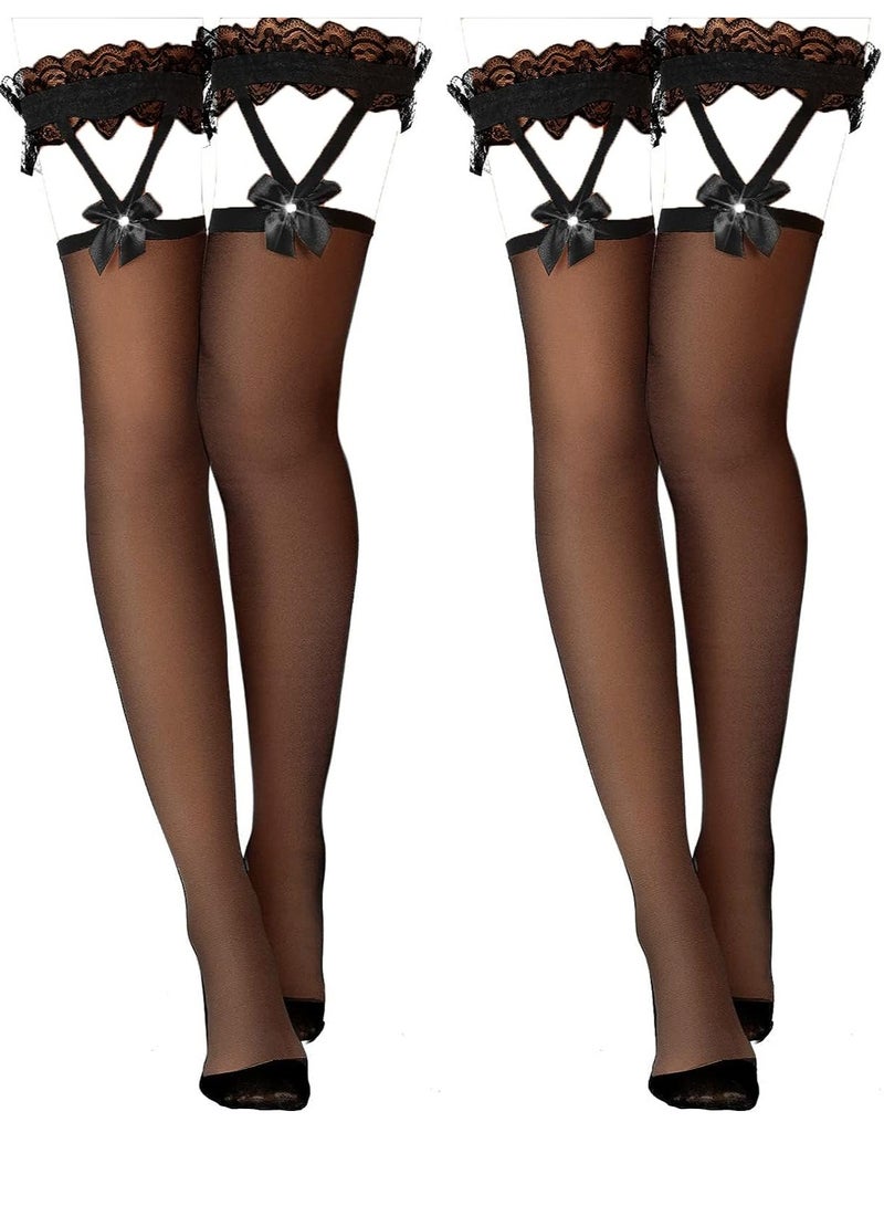 Bow Thigh High Socks 2 Pairs Lace Hold up Stockings Women's Suspender Stockings for Cosplay Costumes Daily Favors - Image 1