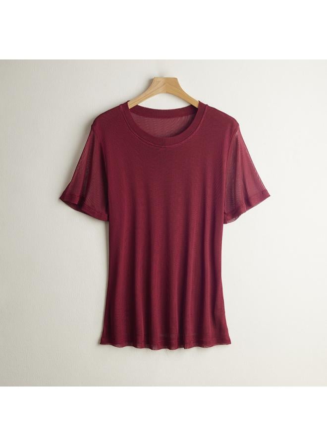VUELO Silk Mesh T-shirt Women's New Mesh Mulberry Silk Solid Color Round Neck Short Sleeve Top Large Size Base Shirt 