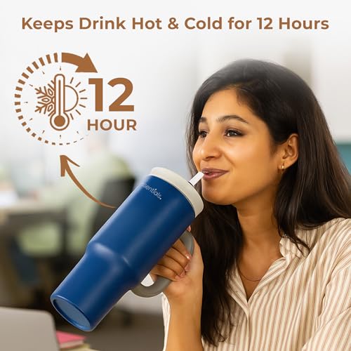 Home Essentials HomeEssentials Stainless Steel Tumbler with Lid & Straw – Vacuum Insulated, Spill-Resistant – Keeps Drinks Hot or Cold for 12 Hours – Ideal for Office, Gym & Travel (Blue, 1200ml) - Image 4