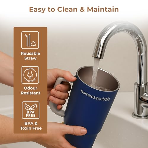 Home Essentials HomeEssentials Stainless Steel Tumbler with Lid & Straw – Vacuum Insulated, Spill-Resistant – Keeps Drinks Hot or Cold for 12 Hours – Ideal for Office, Gym & Travel (Blue, 1200ml) - Image 3
