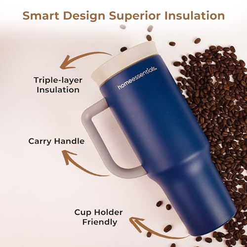 Home Essentials HomeEssentials Stainless Steel Tumbler with Lid & Straw – Vacuum Insulated, Spill-Resistant – Keeps Drinks Hot or Cold for 12 Hours – Ideal for Office, Gym & Travel (Blue, 1200ml) - Image 2