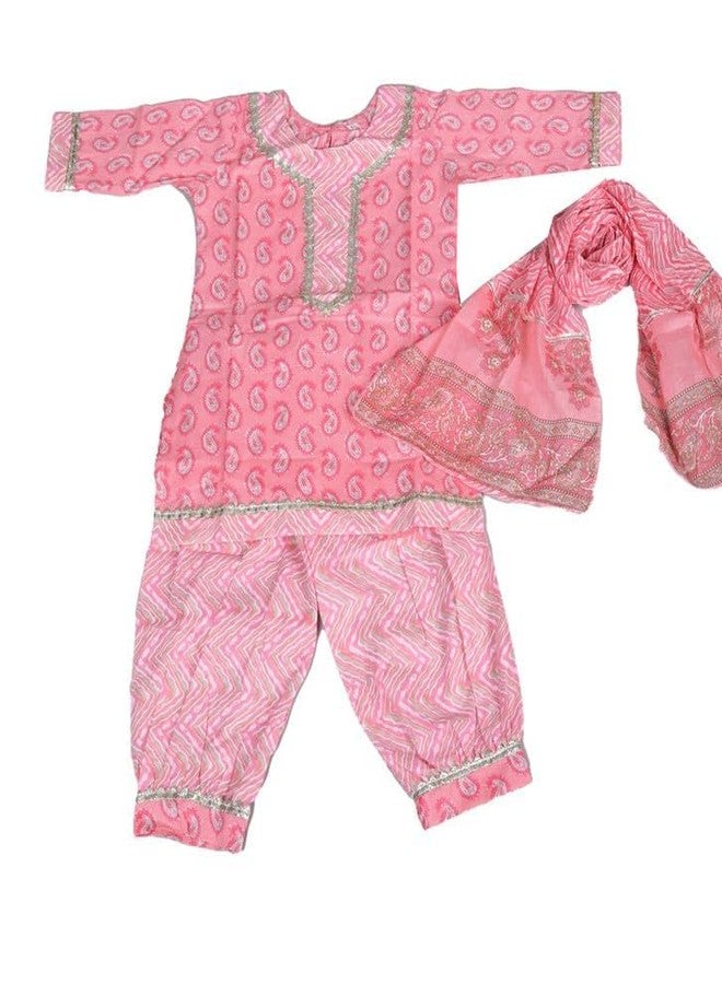 LITTLE DREAMS Cotton Fabric Kurta with Payjama with Dupatta For Kids Girl, Ethnic Wear Kurta Payjama Set for Girls 12-18 Months (Pink)