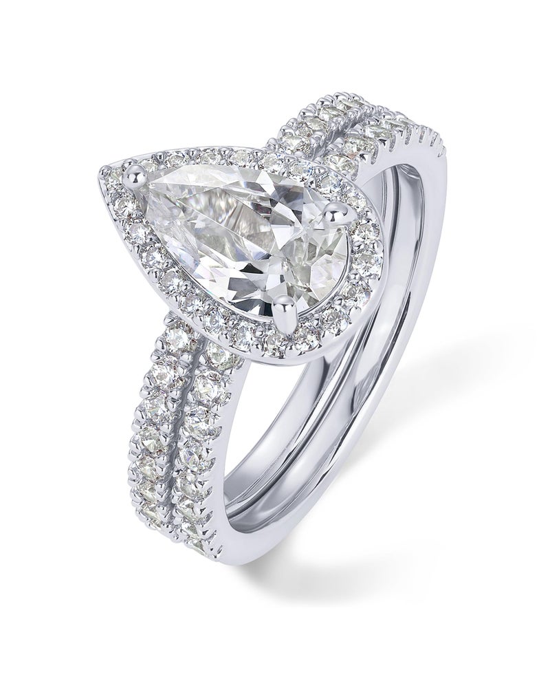 PAVOI Rhodium Plated 1.7CT Pear Cubic Zirconia Eternity Engagement Ring Fake Wedding Bridal Promise Pack for Women - Hidden Halo Ring Set - Size 7 - Image 1