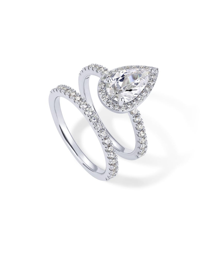 PAVOI Rhodium Plated 1.7CT Pear Cubic Zirconia Eternity Engagement Ring Fake Wedding Bridal Promise Pack for Women - Hidden Halo Ring Set - Size 7 - Image 3