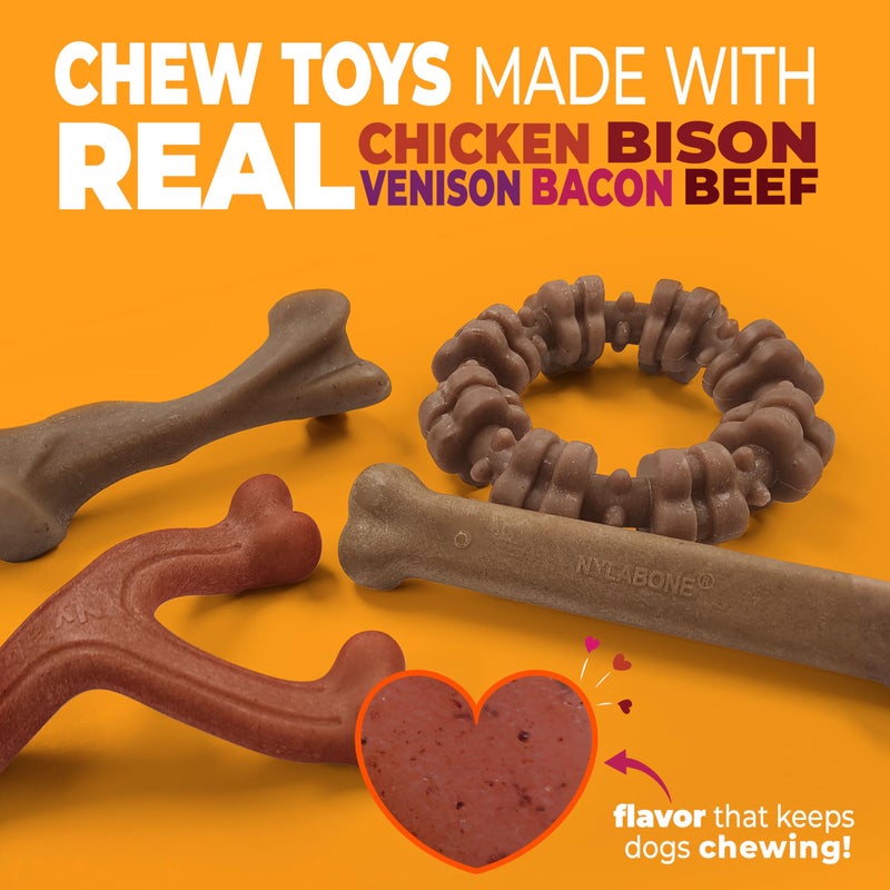 Nylabone Strong Chew Dog Toy 4-Pack Made with Real Bacon, Bison, Venison, Beef, & Chicken, Durable Chew Toys for Aggressive Chewers, Long Lasting Dog Bone, Large Breeds - Up to 50 lbs, 4 Count - Image 2