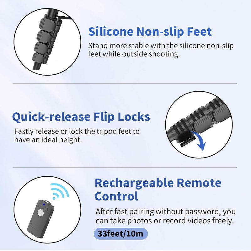 TONEOF 170cm Camera Tripod, Phone Tripod Stand with Quick-Release Plate, Camera Stand with Remote&Travel Bag, Travel Tripod for Filming, Smartphone Mount for Phone/Camera/DSLR/Webcam/Projector/Light - Image 5
