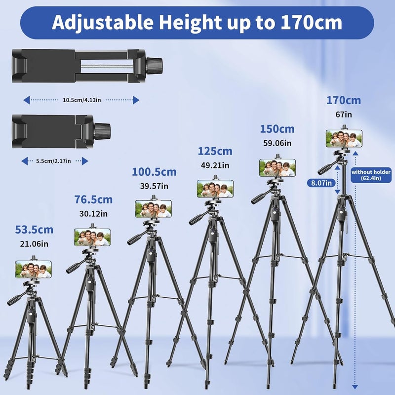 TONEOF 170cm Camera Tripod, Phone Tripod Stand with Quick-Release Plate, Camera Stand with Remote&Travel Bag, Travel Tripod for Filming, Smartphone Mount for Phone/Camera/DSLR/Webcam/Projector/Light - Image 2