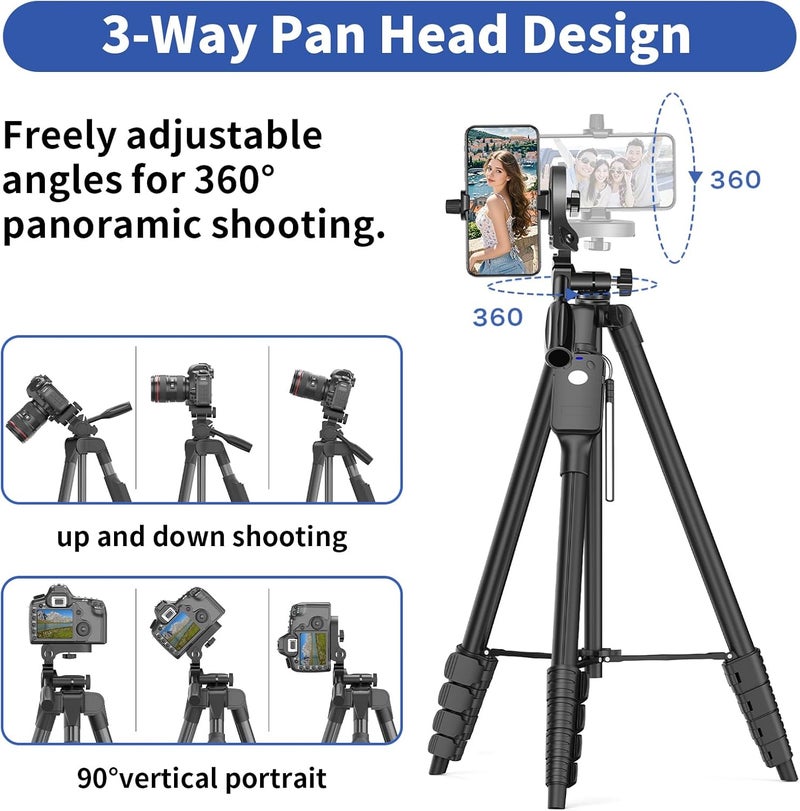 TONEOF 170cm Camera Tripod, Phone Tripod Stand with Quick-Release Plate, Camera Stand with Remote&Travel Bag, Travel Tripod for Filming, Smartphone Mount for Phone/Camera/DSLR/Webcam/Projector/Light - Image 4