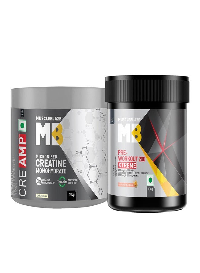 مسل بلايز مسحوق MuscleBlaze Pre Workout 200 Xtreme بنكهة الفواكه (30 حصة، 100 غرام) وكرياتين أحادي الهيدرات دقيق CreAMP، بدون نكهة (32 حصة، 100 غرام) | عبوة من قطعتين - Image 1