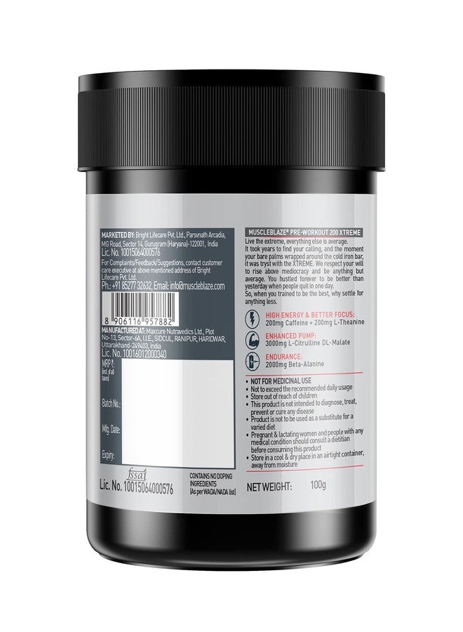 مسل بلايز مسحوق MuscleBlaze Pre Workout 200 Xtreme بنكهة الفواكه (30 حصة، 100 غرام) وكرياتين أحادي الهيدرات دقيق CreAMP، بدون نكهة (32 حصة، 100 غرام) | عبوة من قطعتين - Image 2