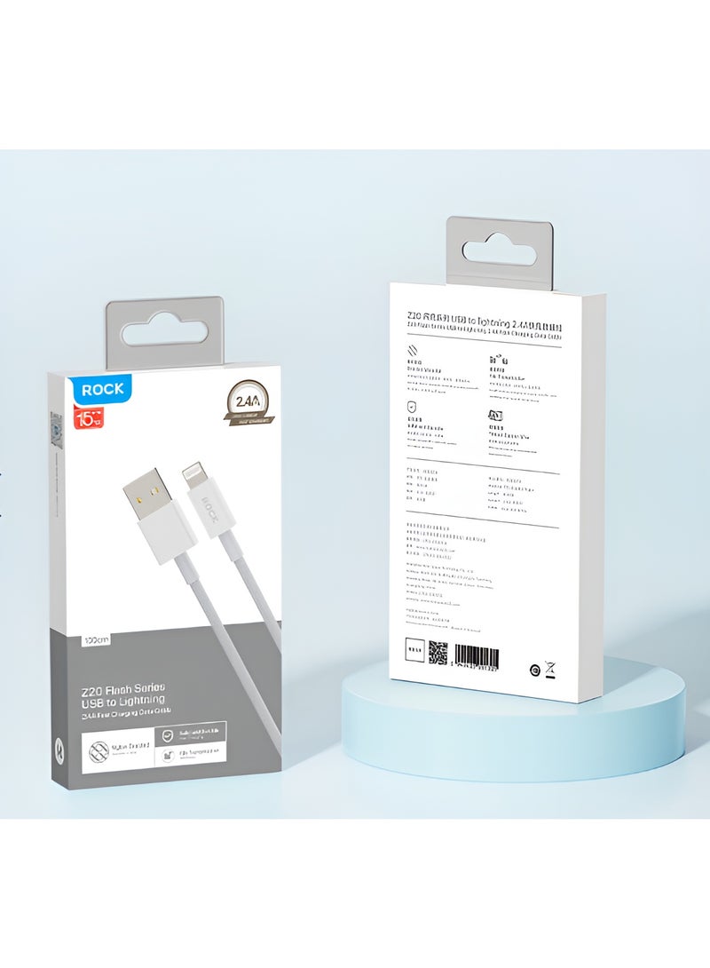 ROCK CABLE Z20 FLASH CHARGE SERIES BRAIDED - USB TO LIGHTNING - 2,4A 1 METRE WHITE - Image 1