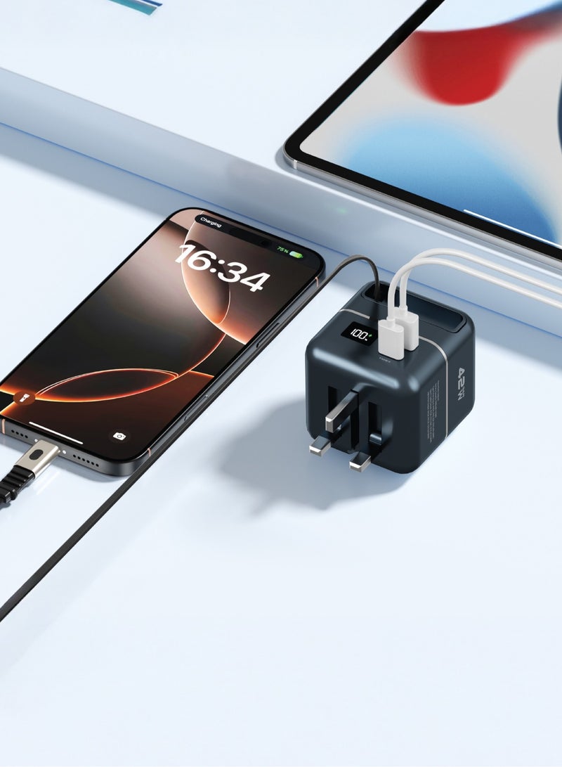 GREEN LION Multi Functional Premium Series Charger and Power Bank 5000mAh Battery / GaN Charger PD 42W / 1M Retractable Type-C Cable / Type-C Port and USB-A Port / Fast Charger Powerbank 5000 mAh and 3 Pin Charger with Digital Display - Gray - Image 2