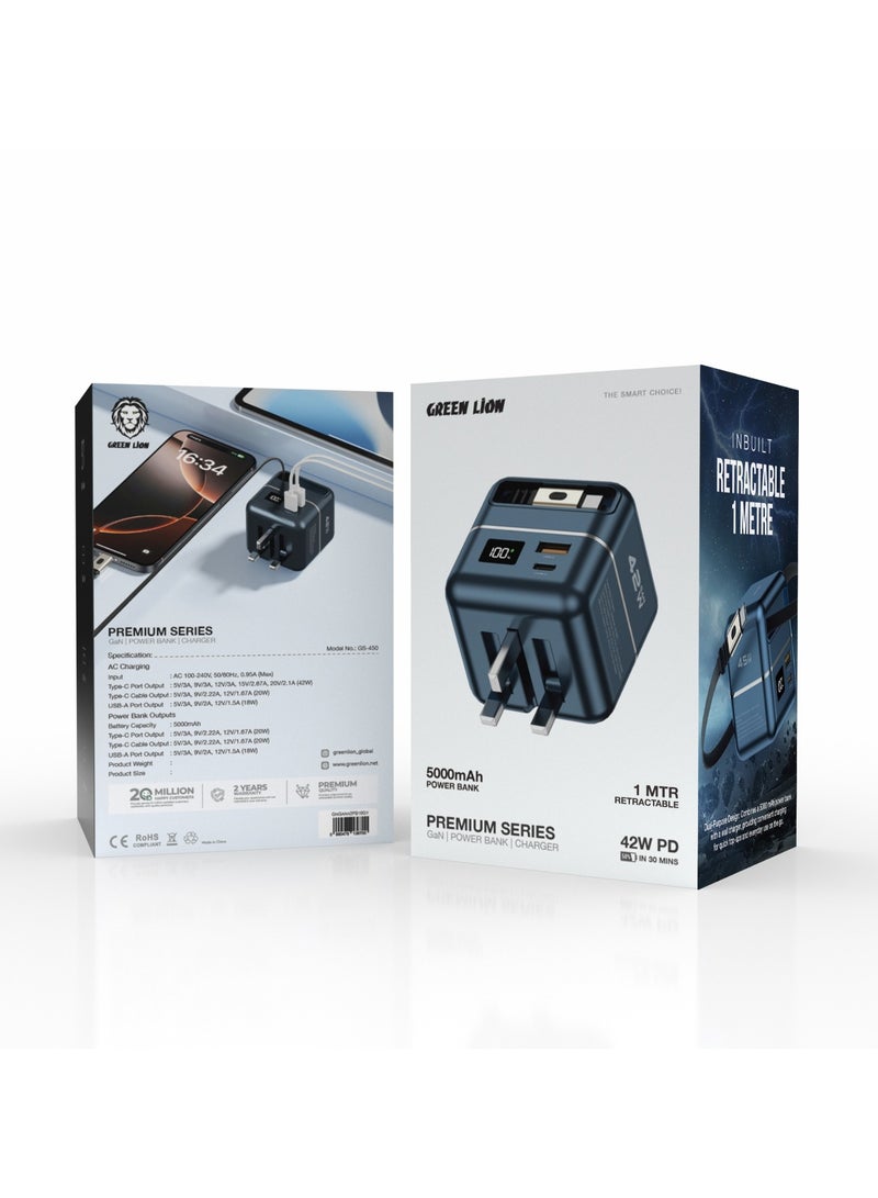 GREEN LION Multi Functional Premium Series Charger and Power Bank 5000mAh Battery / GaN Charger PD 42W / 1M Retractable Type-C Cable / Type-C Port and USB-A Port / Fast Charger Powerbank 5000 mAh and 3 Pin Charger with Digital Display - Gray - Image 3