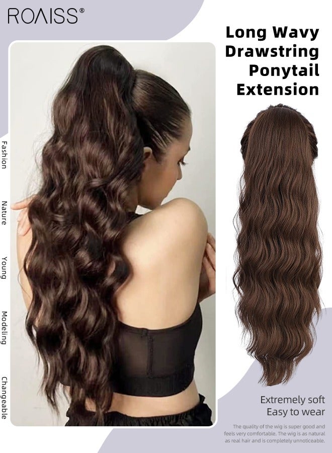 رويس وصلة شعر ذيل حصان طويلة مموجة برباط للنساء، وصلات شعر ذيل حصان اصطناعية، قطع شعر ناعمة طبيعية للاستخدام اليومي للحفلات 60 سم (24 بوصة) - بني داكن - Image 1