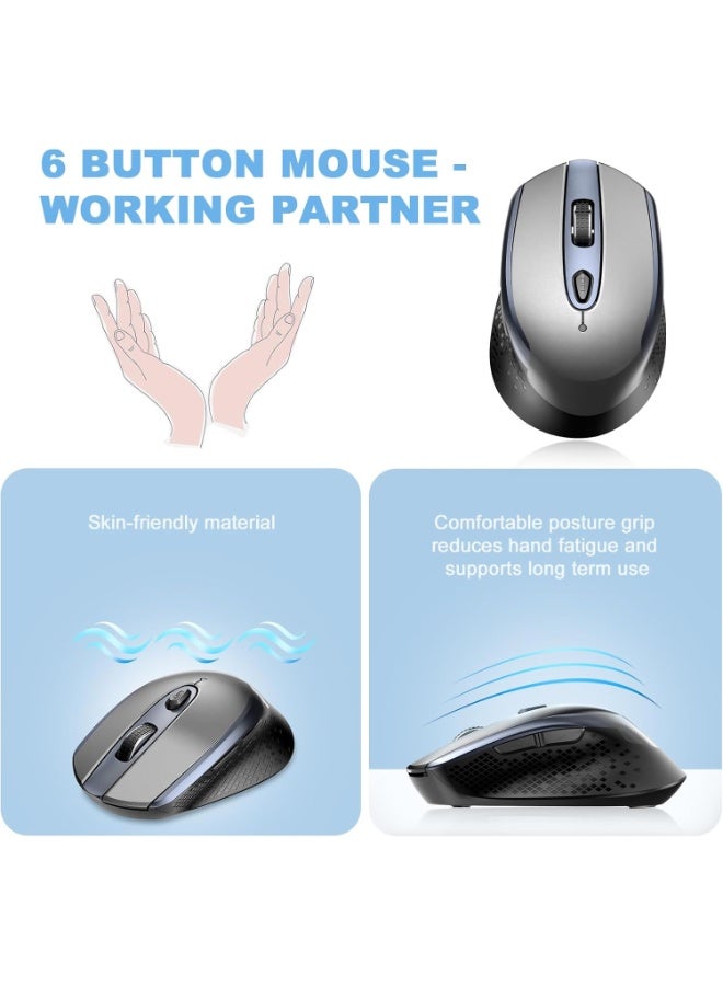 TM004 Wireless Mouse – 6 Buttons Silent Clicks, 2.4GHz Cordless Mouse with 3 Adjustable DPI Levels & Ergonomic Design for Laptop, PC & Chromebook (Grey) - Image 3