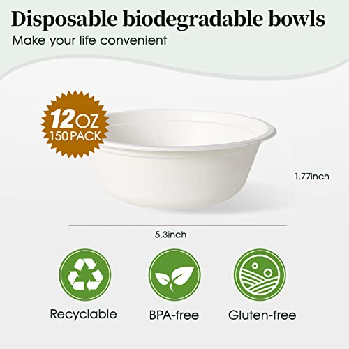 ECOLipak 150 Pack 12 oz Paper Bowls Disposable, Heavy-Duty Biodegradable Compostable Bowls Made of Natural Sugarcane Bagasse, Suitable for Salad, Dessert, Milk, Cereals - Image 2