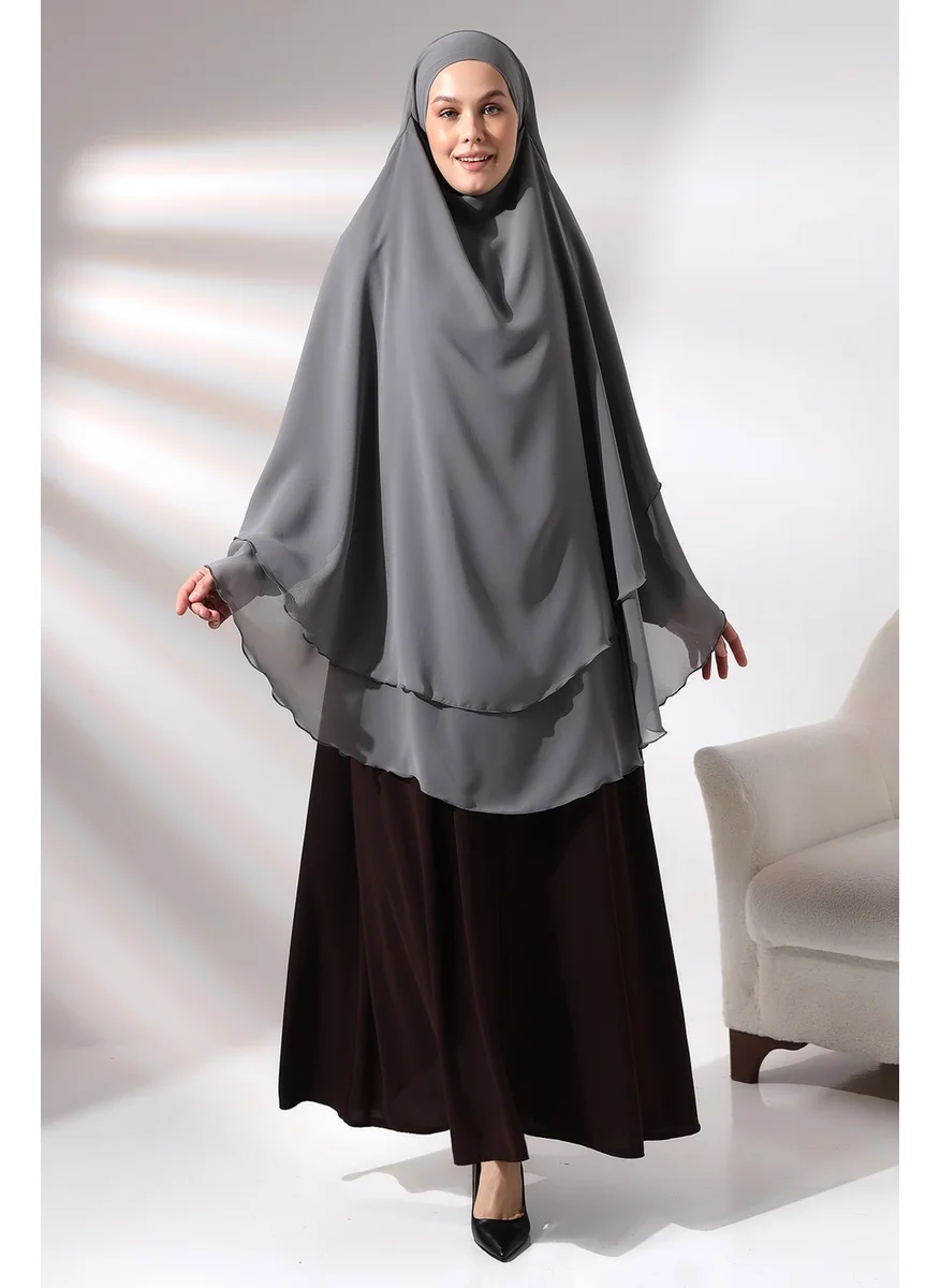 İhvan Ihvan Gray Three Layer Veiled Long Chiffon Hijab Soufflé Scarf