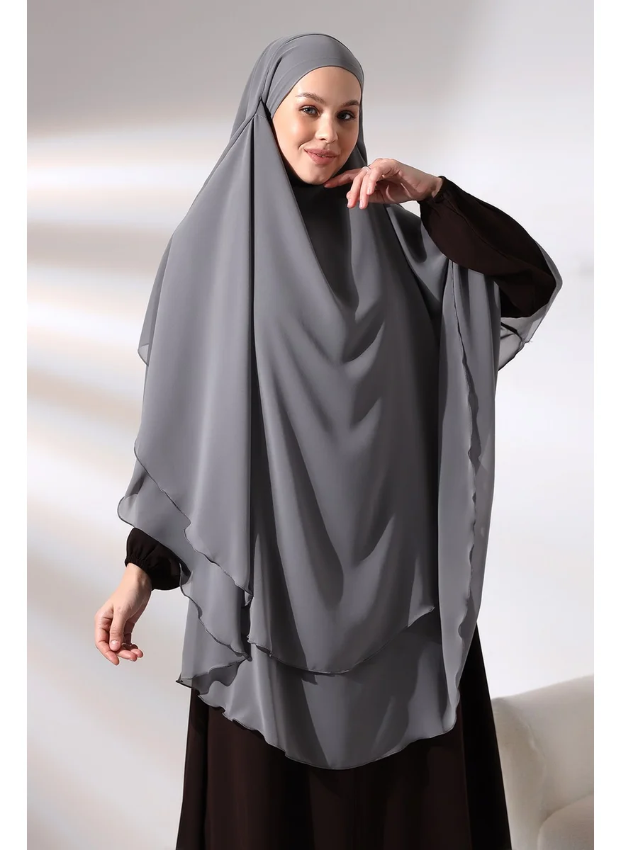 İhvan Ihvan Gray Three Layer Veiled Long Chiffon Hijab Soufflé Scarf