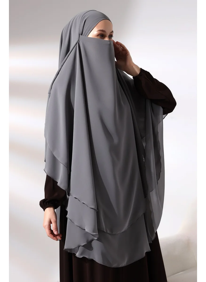 İhvan Ihvan Gray Three Layer Veiled Long Chiffon Hijab Soufflé Scarf