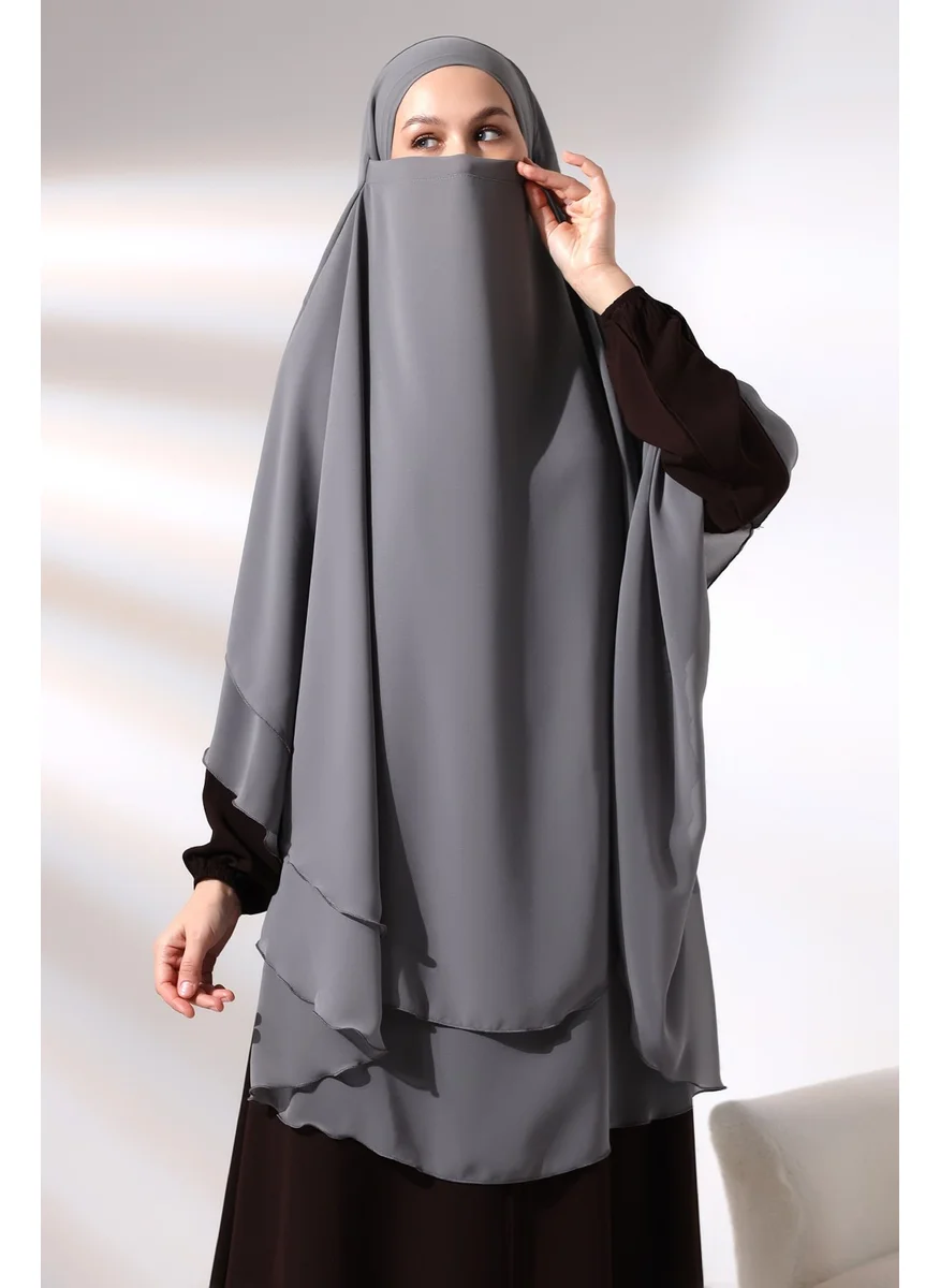 İhvan Ihvan Gray Three Layer Veiled Long Chiffon Hijab Soufflé Scarf