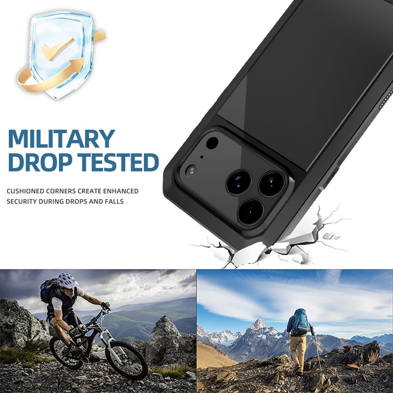 Marrkey Compatiable with iPhone 17 Pro Case,360 Full Body Protective Cover Heavy Duty Shockproof [Tough Armour] Aluminum Alloy Metal Case with Silicone Built-in Screen Protector - Black - Image 5