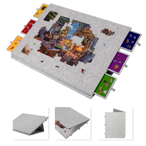 Lavievert 2000 Piece Tilting Foldable Puzzle Table with 2in1 Designed Stand Cover Lightweight Felt Puzzle Plateau with 6 Colored Drawers Portable Jigsaw Puzzle Board for Adults Light Gray - Image 1