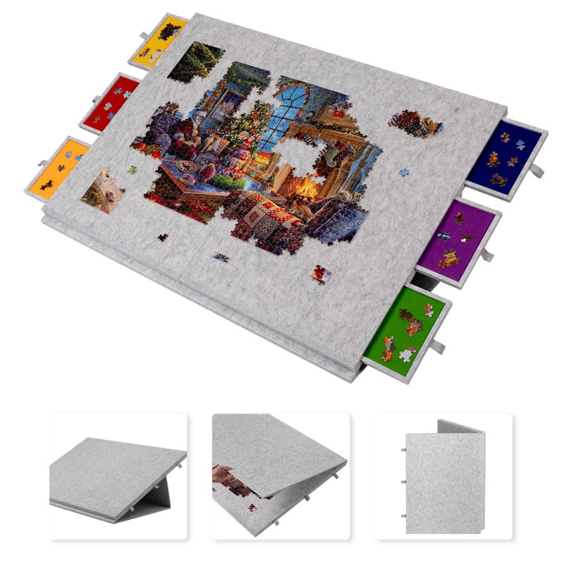 Lavievert 2000 Piece Tilting Foldable Puzzle Table with 2in1 Designed Stand Cover Lightweight Felt Puzzle Plateau with 6 Colored Drawers Portable Jigsaw Puzzle Board for Adults Light Gray - Image 2