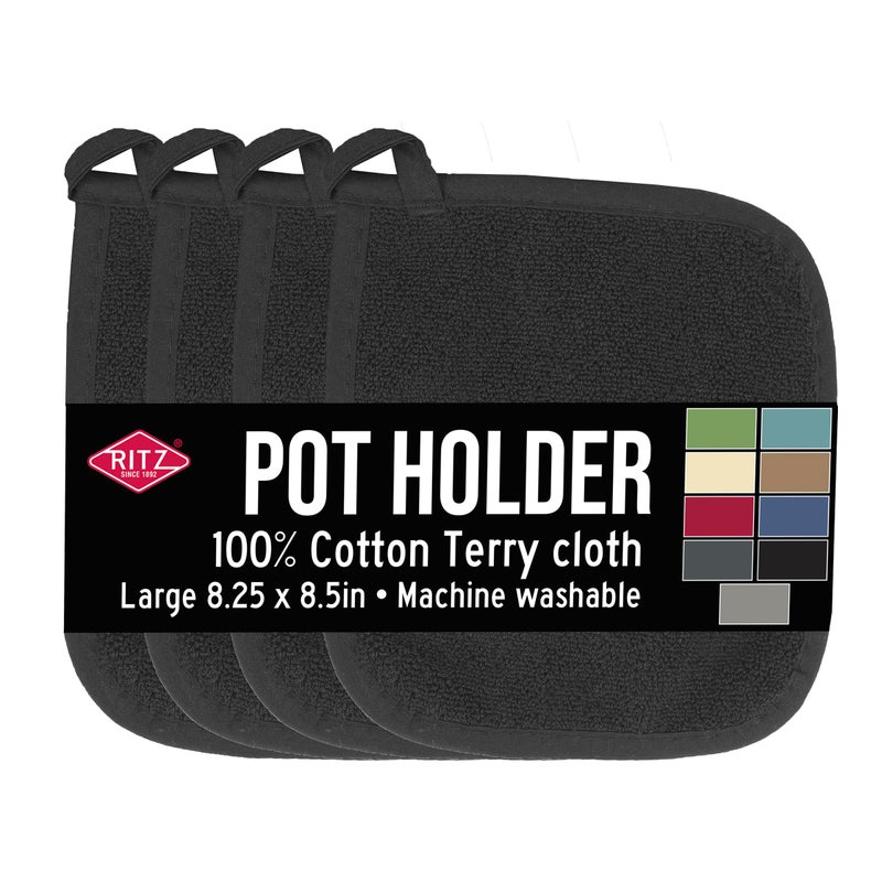 RITZ Terry Potholder  Hot Pad Heat Resistant Durable 100 Cotton  Ergonomically Designed for Optimal Grip EasyCare Machine Washable Perfect for Your Kitchen  Black 4Pack